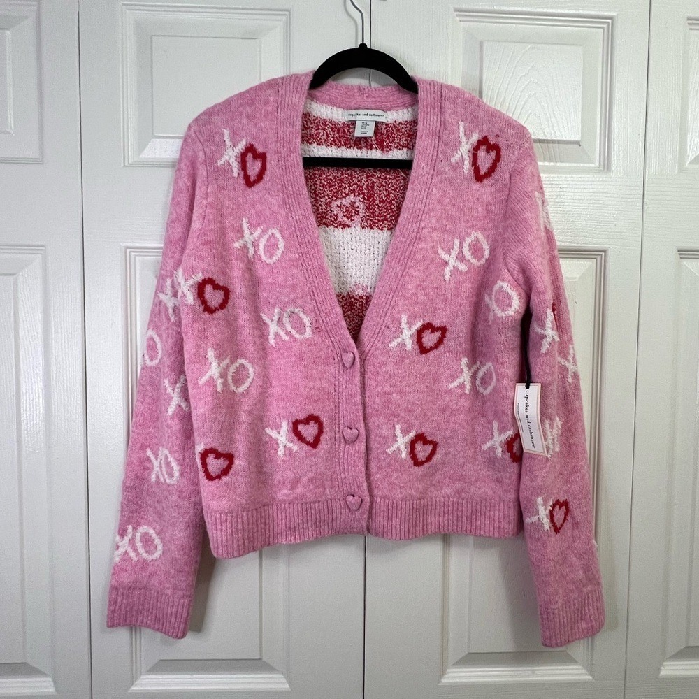 Cupcakes and Cashmere Pink‎ XO Heart Knit Cardigan Sweater Women's M